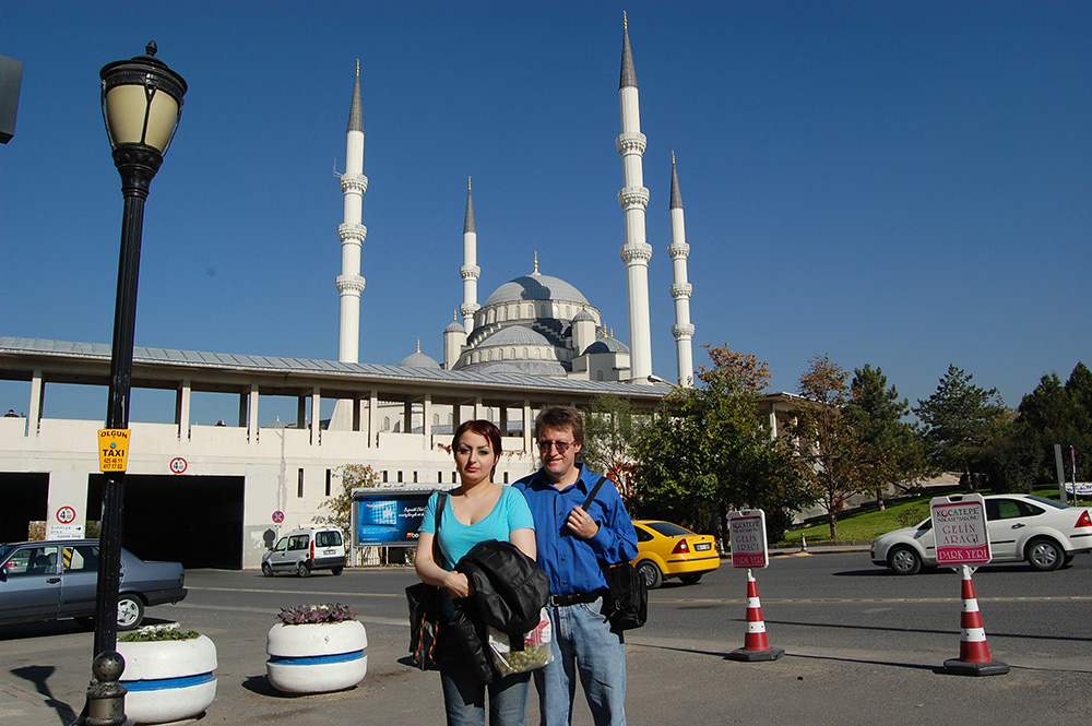 Elee and Bruce with a mosque in Ankara behind us