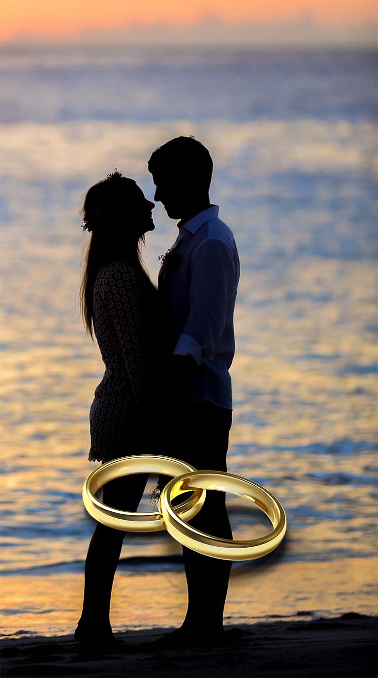 Image of a couple and rings that denote a commitment. 