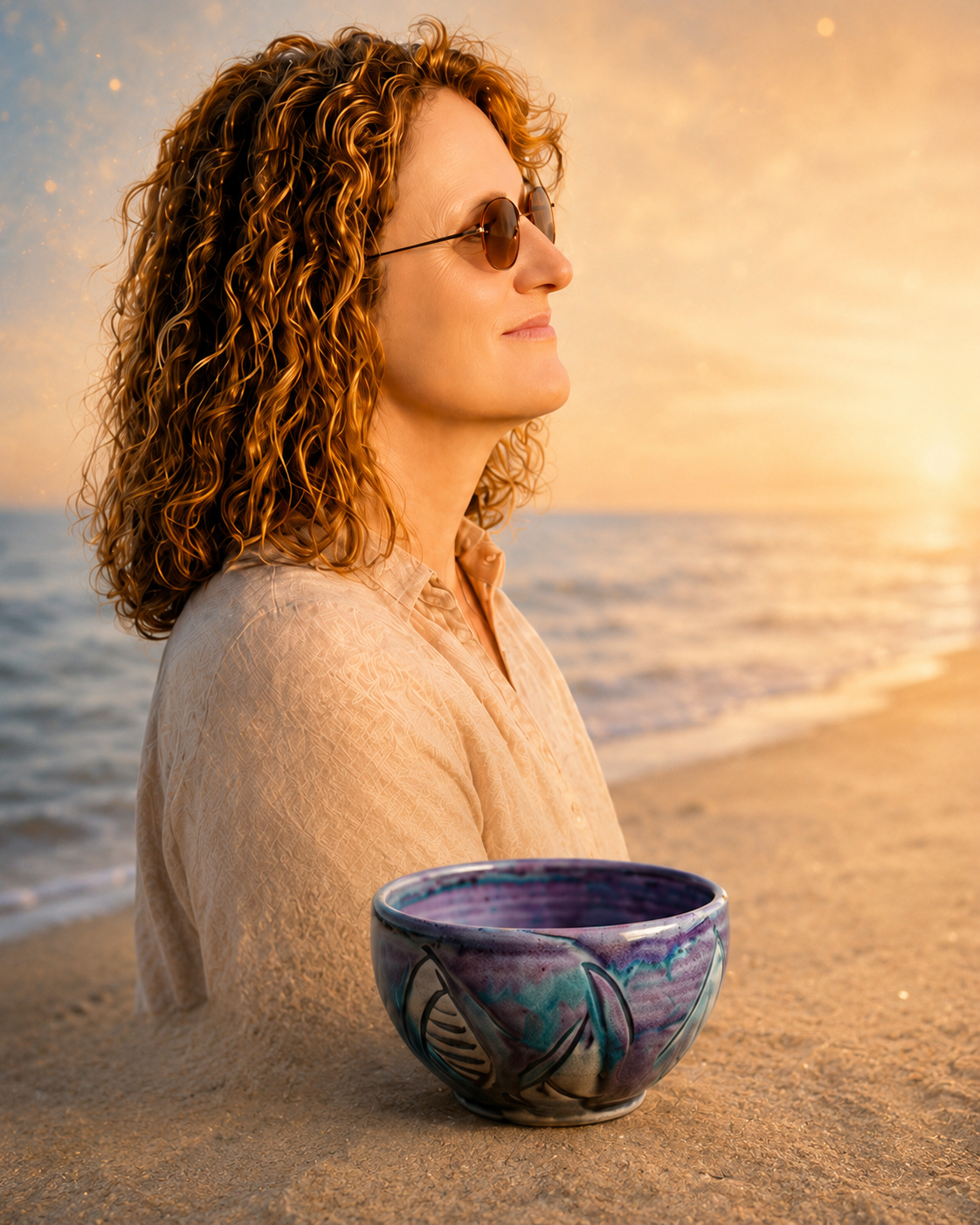 Lynn Denise Krupey, color photo created via AI from a photo of Lynn showing her with pottery and near the ocean